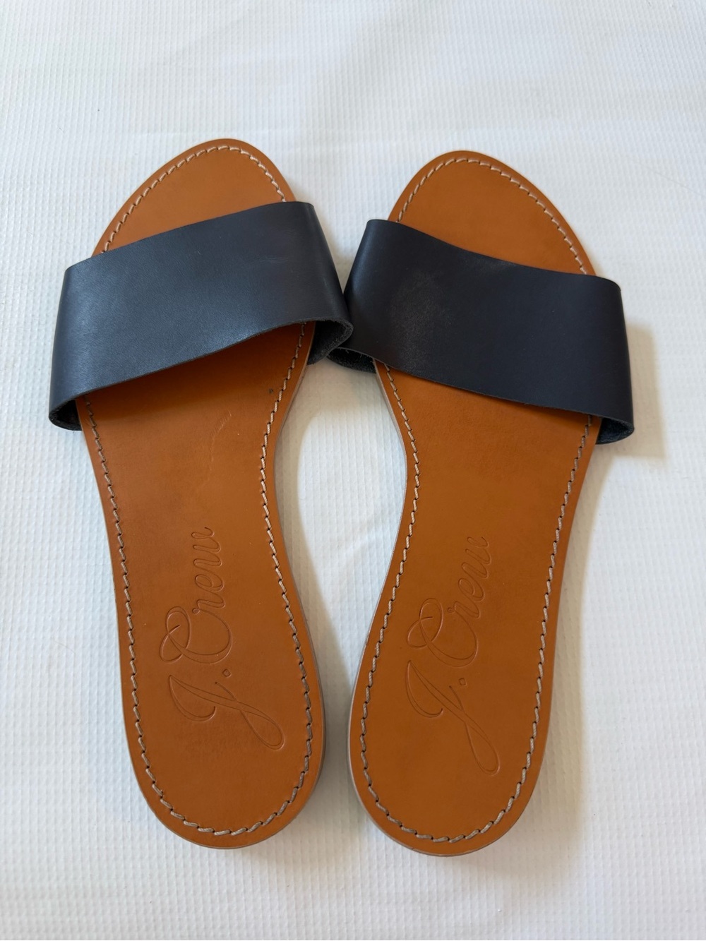 J. Crew Black Leather Made in Italy Slide Sandals with Tan Footbed Size 8